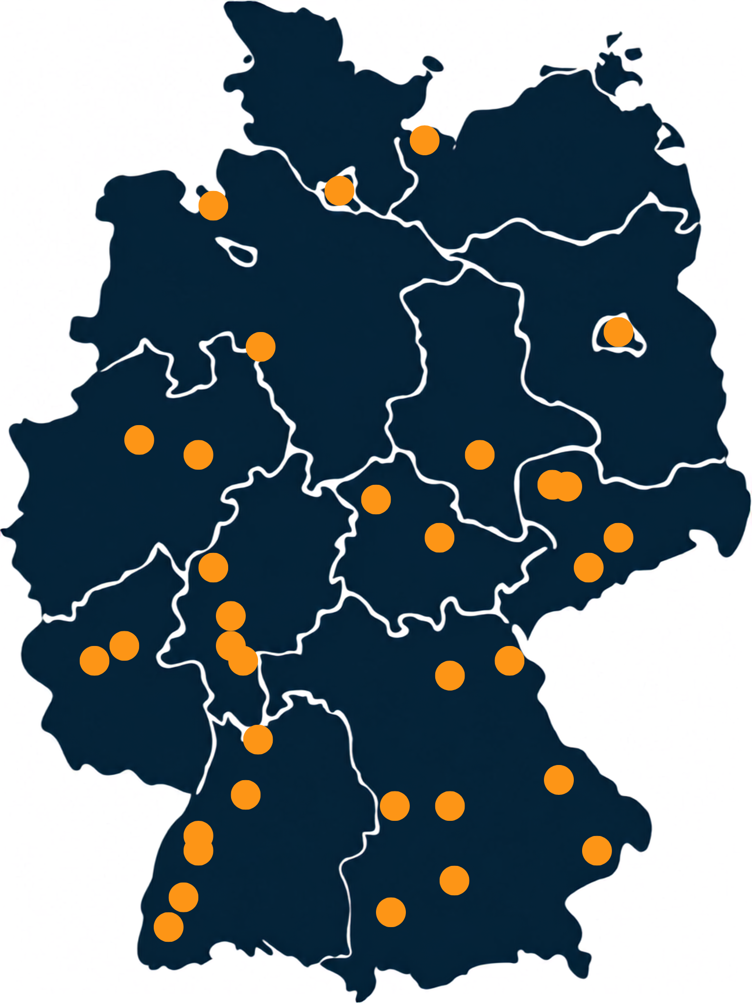 Stilisierte Deutschlandkarte mit orangefarbenen Punkten, die Tjara-Standorte in verschiedenen Regionen markieren.