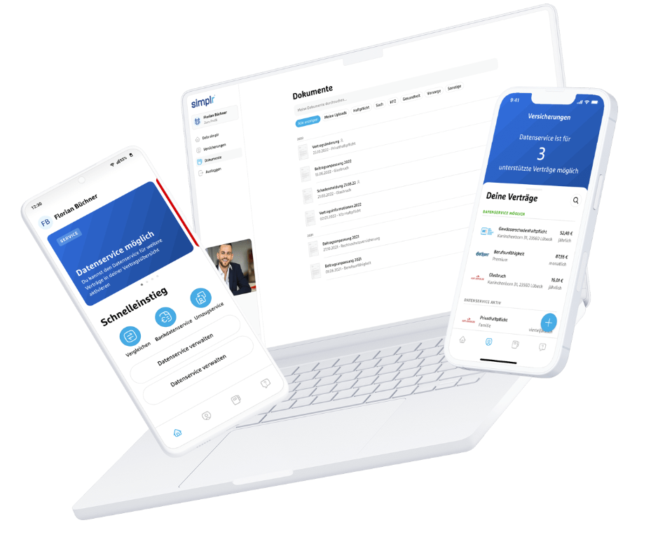 Laptop und zwei Smartphones mit der simplr App und dem Kundenportal zur digitalen Verwaltung von Versicherungsverträgen und Dokumenten.